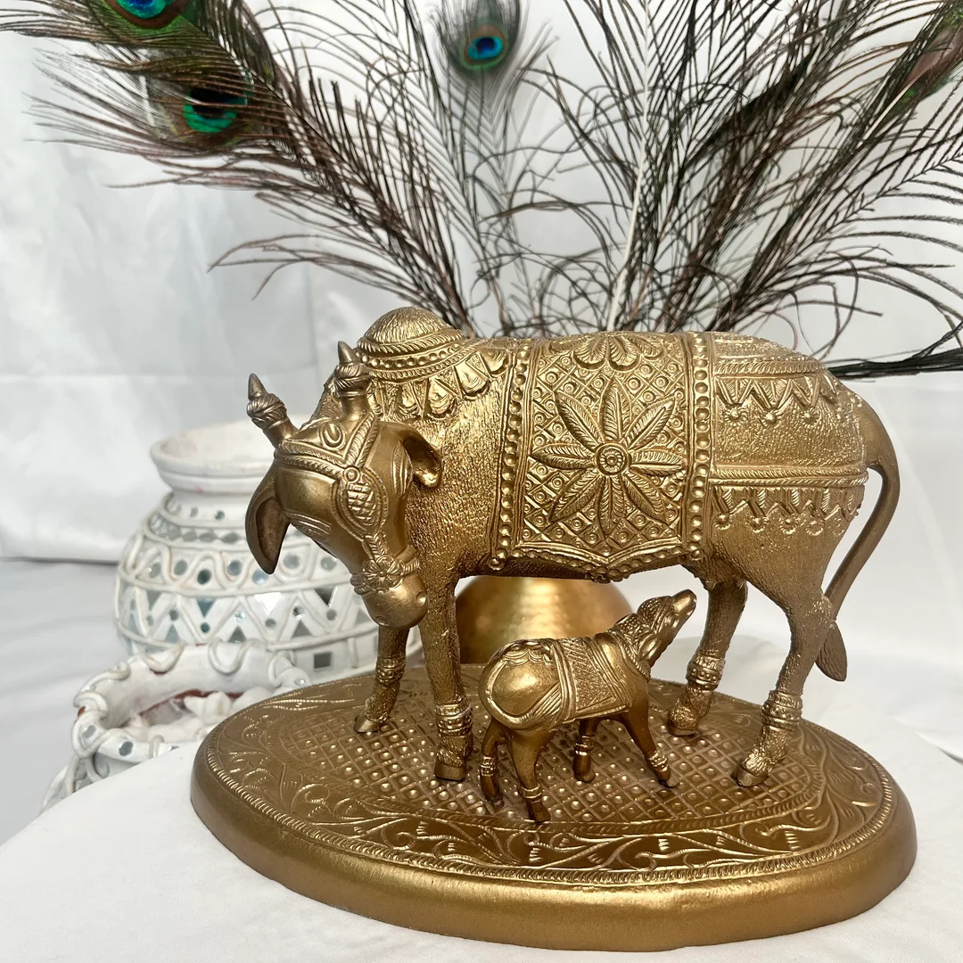 Kamdhenu Cow & Calf sacred brass coated idol