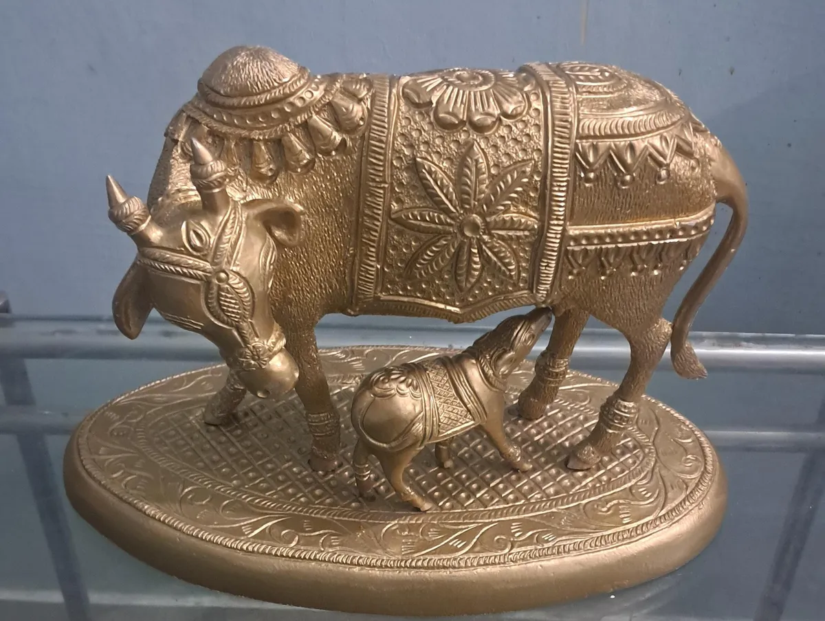 Kamdhenu Cow & Calf sacred brass coated idol