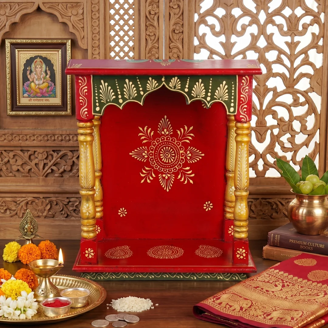 Open-Front Red Mandala Wooden Mandir primary view