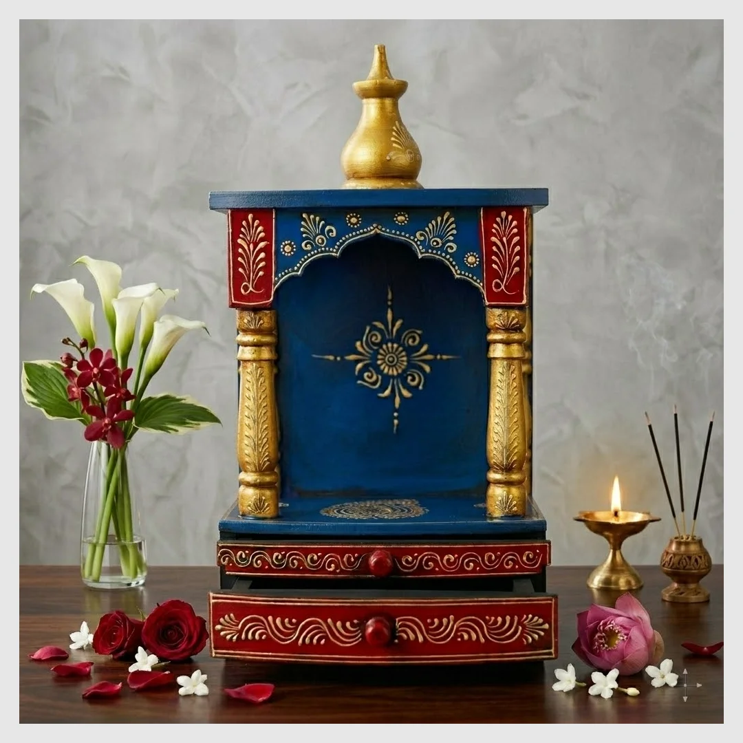 Festive Blue & Red Wooden Mandir primary view