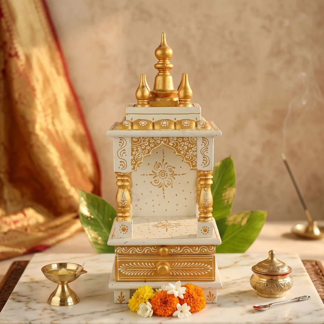Pristine White & Gold Wooden Mandir primary view